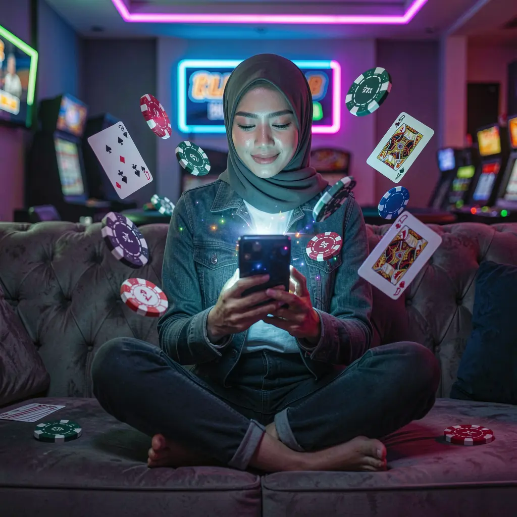 Stylish Indonesian woman enjoying the XR 888 casino app with glowing cards and poker chips floating around her in a cinematic mobile gaming scene