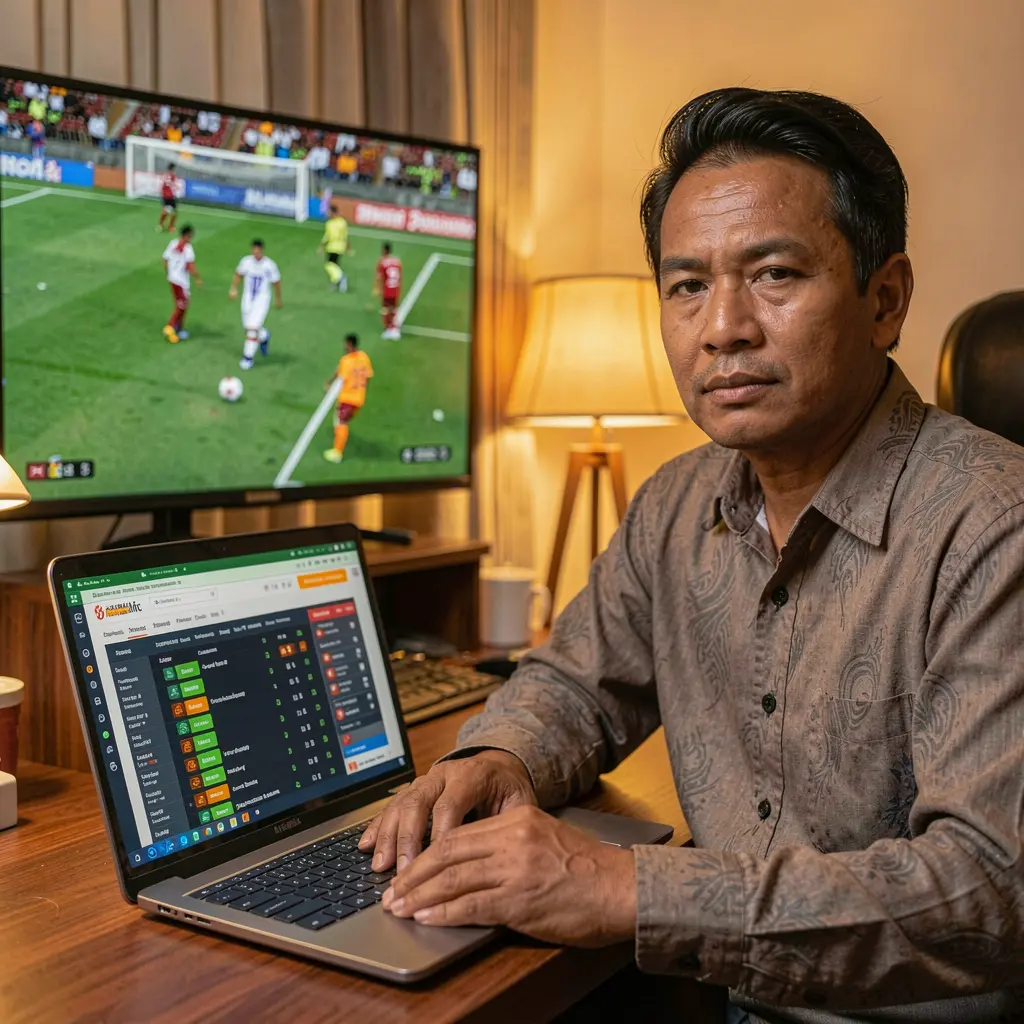 Dedicated sports bettor analyzing live soccer odds on the XR 888 platform while following a match on TV in a cozy Indonesian home setting