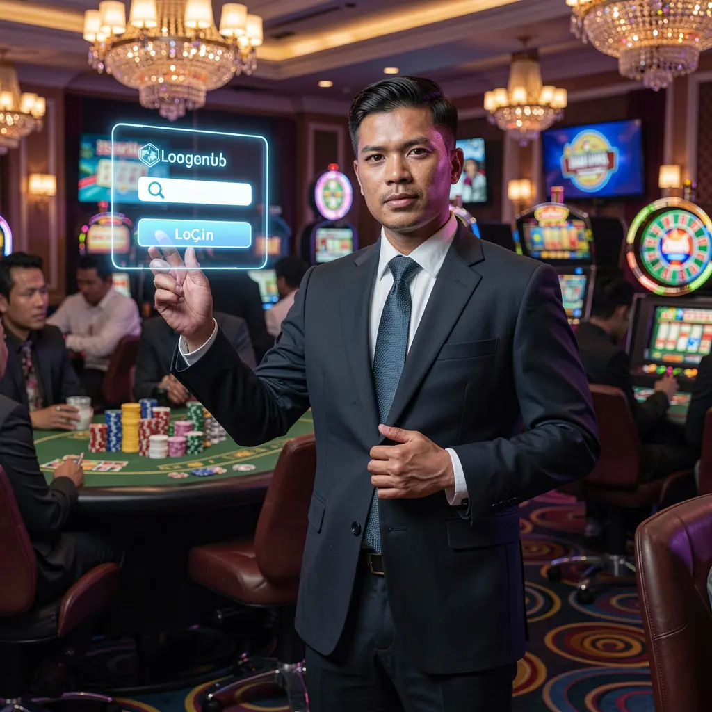 Professional Indonesian casino dealer standing beside a glowing digital login button representing secure access to the XR 888 casino platform in Indonesia