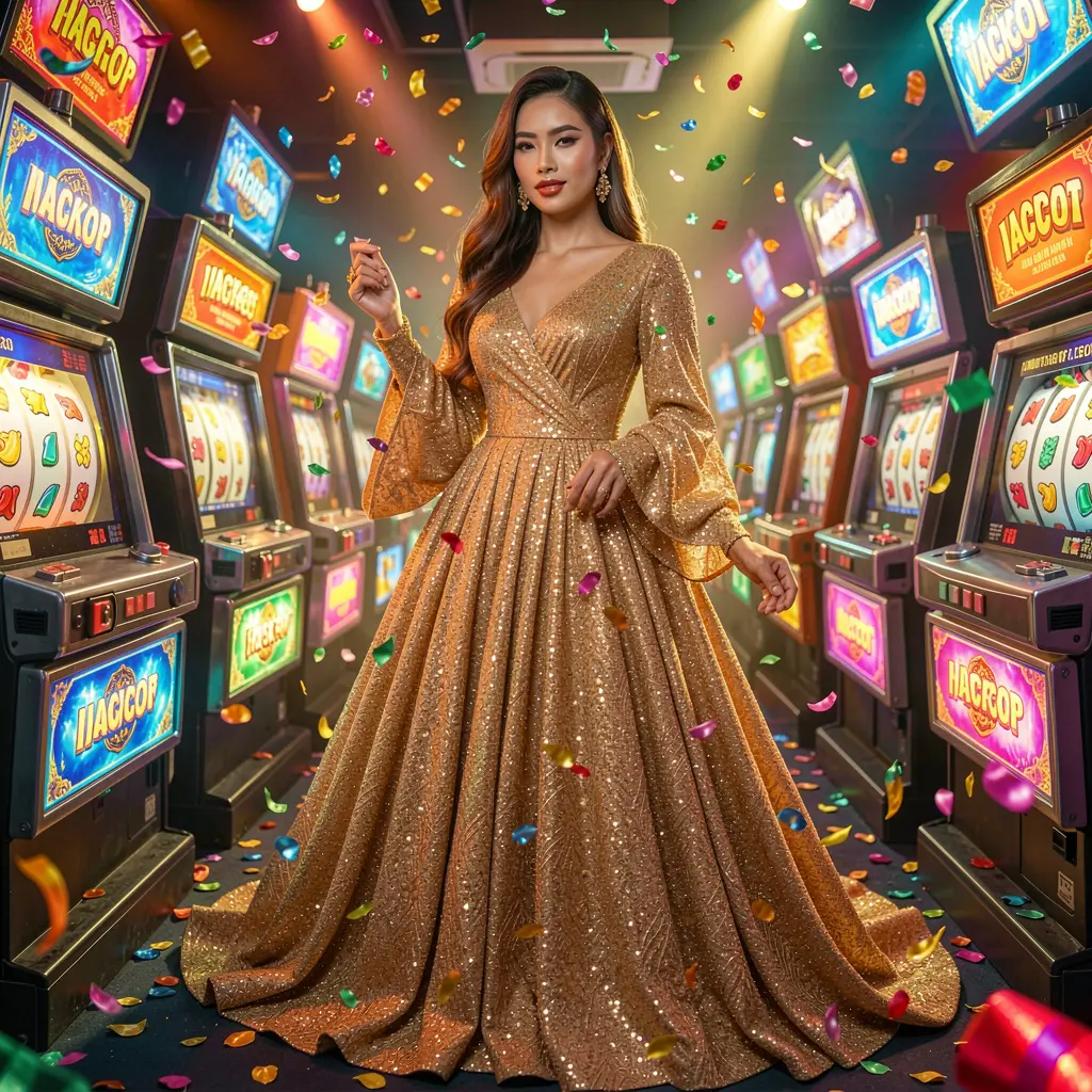 Confident woman in a sparkling golden dress standing among bright slot machines inside the immersive XR 888 online casino environment for players in Indonesia